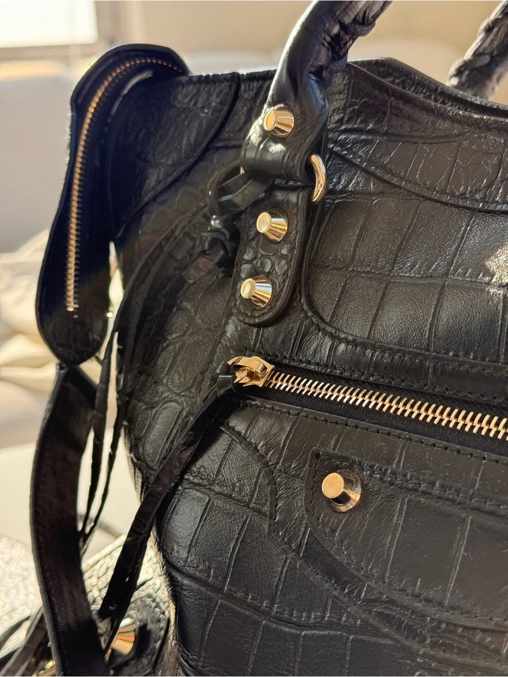 Balenciaga Black Croc-Embossed Lamb Leather City Bag